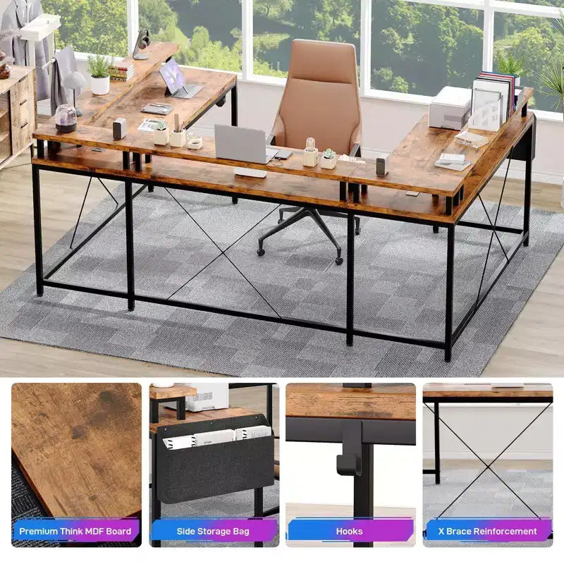 L Shaped Gaming Desk with Power Strip & LED Lights, Reversible U Shape Computer Desk with Monitor Stand, Large Corner Workstation