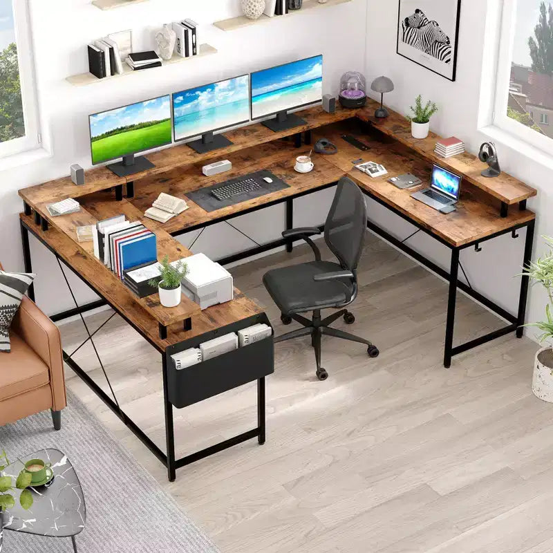 L Shaped Gaming Desk with Power Strip & LED Lights, Reversible U Shape Computer Desk with Monitor Stand, Large Corner Workstation