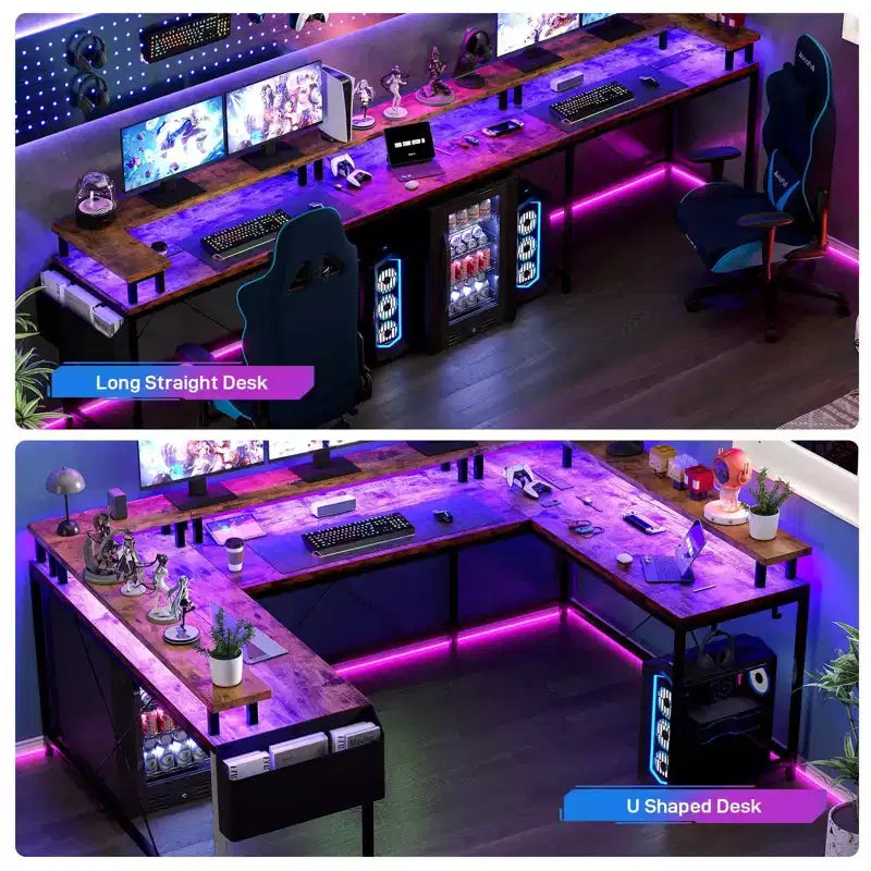 L Shaped Gaming Desk with Power Strip & LED Lights, Reversible U Shape Computer Desk with Monitor Stand, Large Corner Workstation