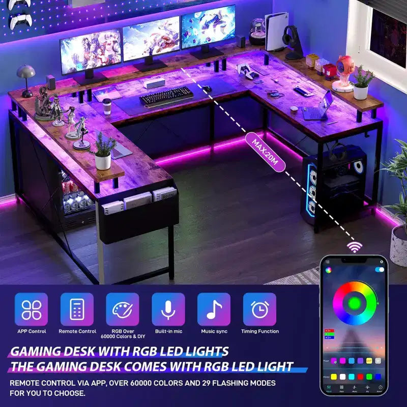 L Shaped Gaming Desk with Power Strip & LED Lights, Reversible U Shape Computer Desk with Monitor Stand, Large Corner Workstation