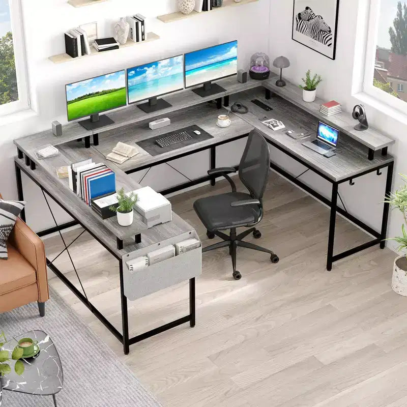 L Shaped Gaming Desk with Power Strip & LED Lights, Reversible U Shape Computer Desk with Monitor Stand, Large Corner Workstation