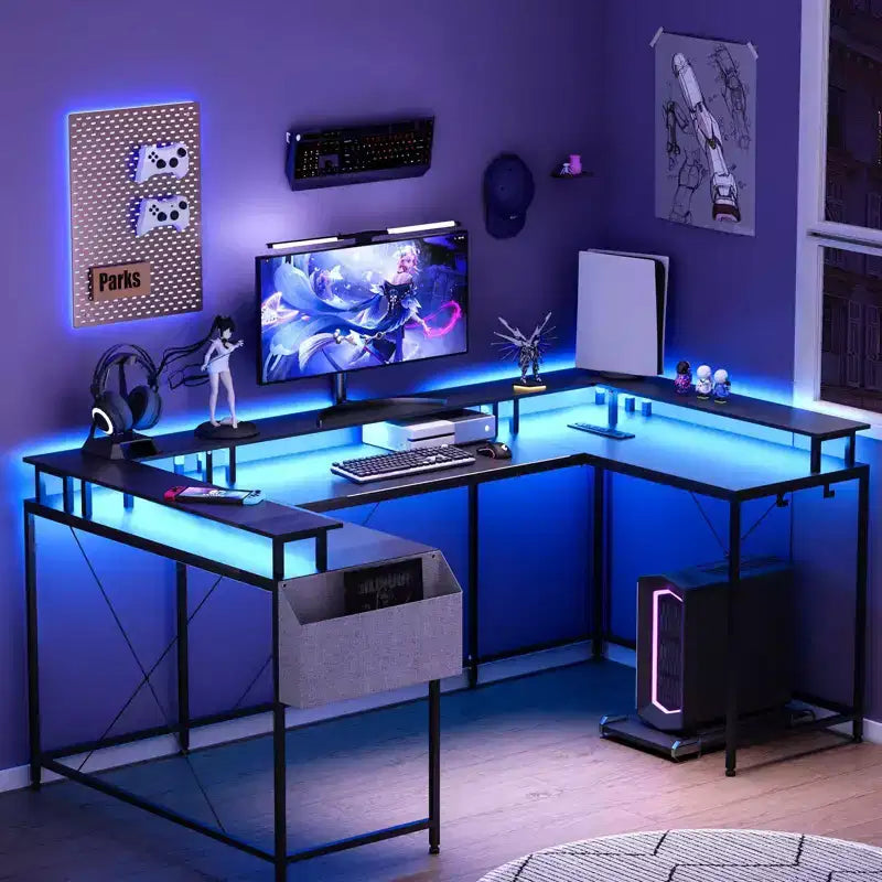 L Shaped Gaming Desk with Power Strip & LED Lights, Reversible U Shape Computer Desk with Monitor Stand, Large Corner Workstation