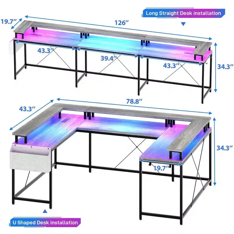 L Shaped Gaming Desk with Power Strip & LED Lights, Reversible U Shape Computer Desk with Monitor Stand, Large Corner Workstation