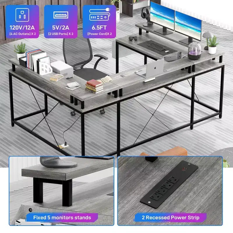 L Shaped Gaming Desk with Power Strip & LED Lights, Reversible U Shape Computer Desk with Monitor Stand, Large Corner Workstation