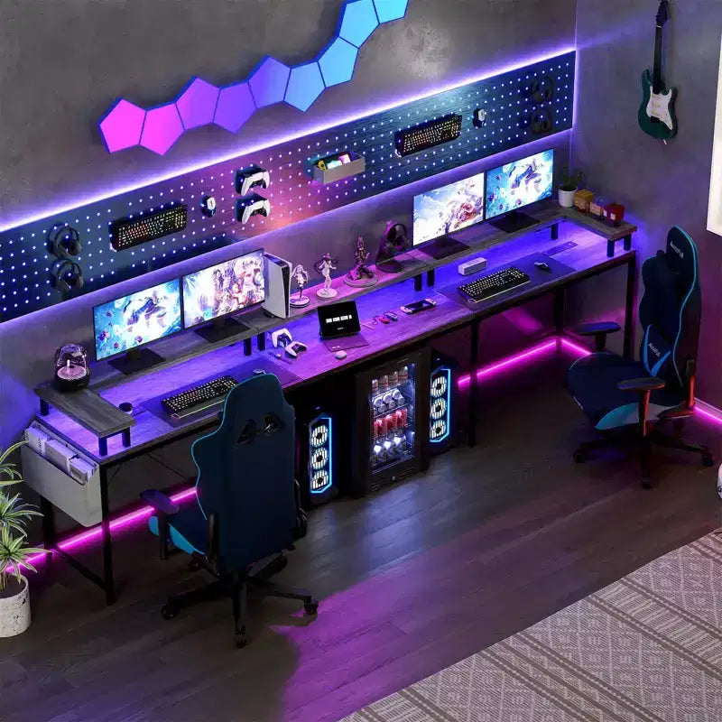L Shaped Gaming Desk with Power Strip & LED Lights, Reversible U Shape Computer Desk with Monitor Stand, Large Corner Workstation