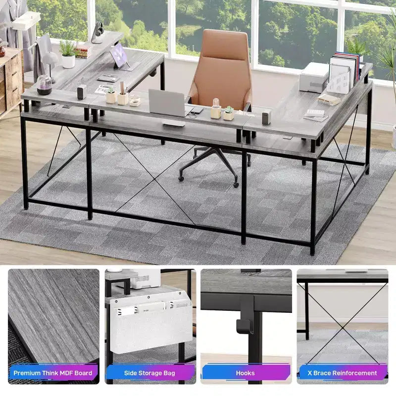 L Shaped Gaming Desk with Power Strip & LED Lights, Reversible U Shape Computer Desk with Monitor Stand, Large Corner Workstation