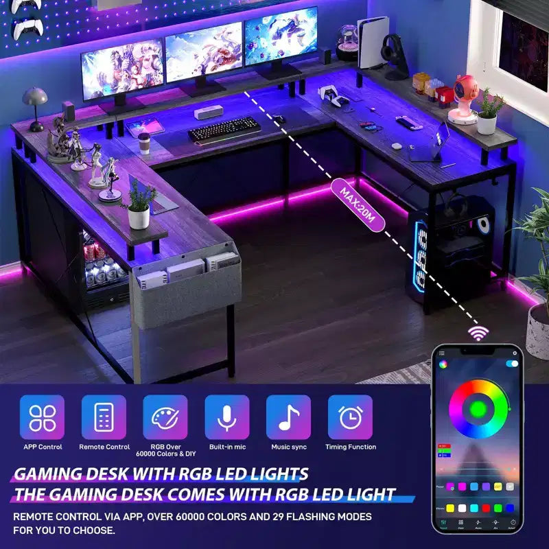 L Shaped Gaming Desk with Power Strip & LED Lights, Reversible U Shape Computer Desk with Monitor Stand, Large Corner Workstation