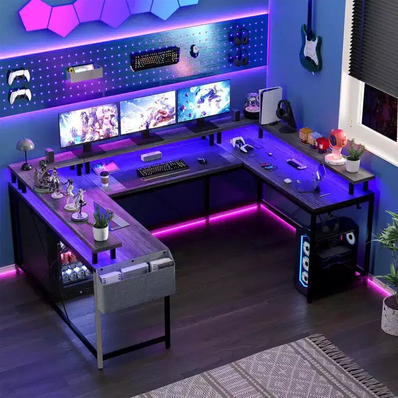 L Shaped Gaming Desk with Power Strip & LED Lights, Reversible U Shape Computer Desk with Monitor Stand, Large Corner Workstation