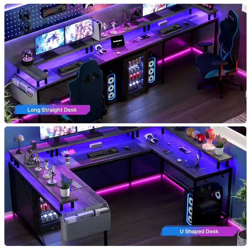 L Shaped Gaming Desk with Power Strip & LED Lights, Reversible U Shape Computer Desk with Monitor Stand, Large Corner Workstation