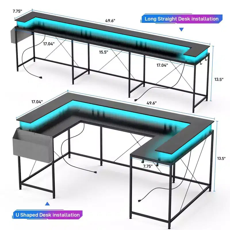 L Shaped Gaming Desk with Power Strip & LED Lights, Reversible U Shape Computer Desk with Monitor Stand, Large Corner Workstation