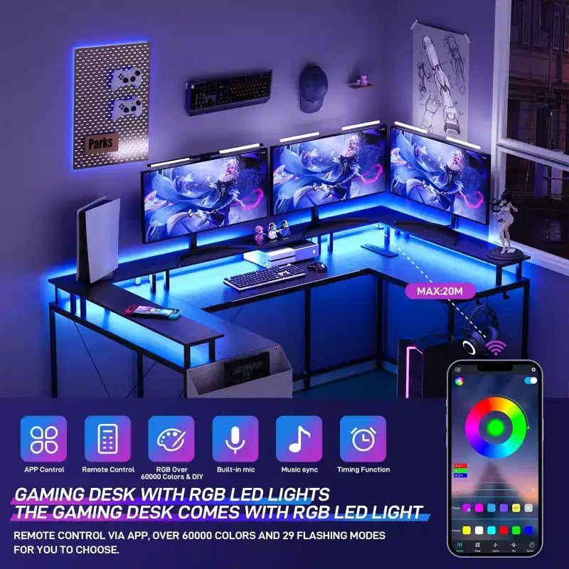 L Shaped Gaming Desk with Power Strip & LED Lights, Reversible U Shape Computer Desk with Monitor Stand, Large Corner Workstation