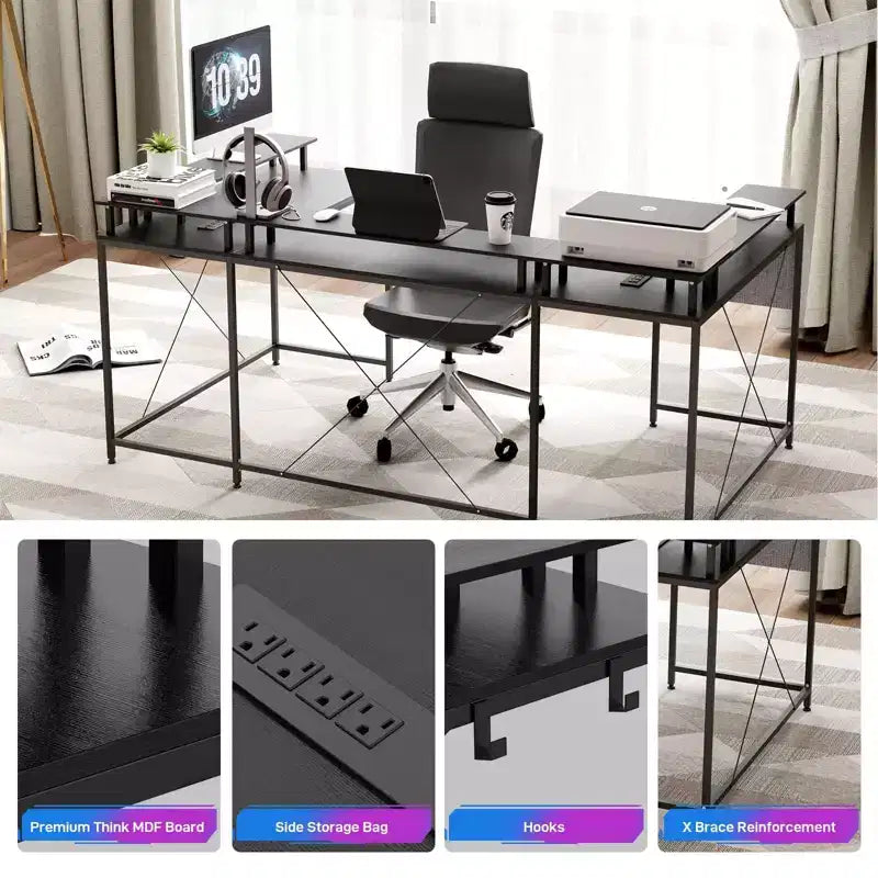 L Shaped Gaming Desk with Power Strip & LED Lights, Reversible U Shape Computer Desk with Monitor Stand, Large Corner Workstation
