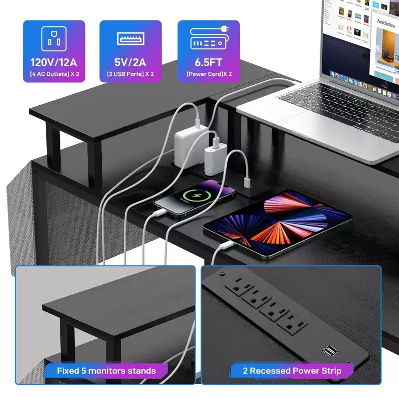 L Shaped Gaming Desk with Power Strip & LED Lights, Reversible U Shape Computer Desk with Monitor Stand, Large Corner Workstation