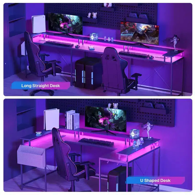 L Shaped Gaming Desk with Power Strip & LED Lights, Reversible U Shape Computer Desk with Monitor Stand, Large Corner Workstation