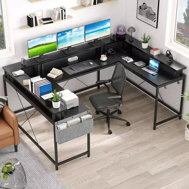 L Shaped Gaming Desk with Power Strip & LED Lights, Reversible U Shape Computer Desk with Monitor Stand, Large Corner Workstation