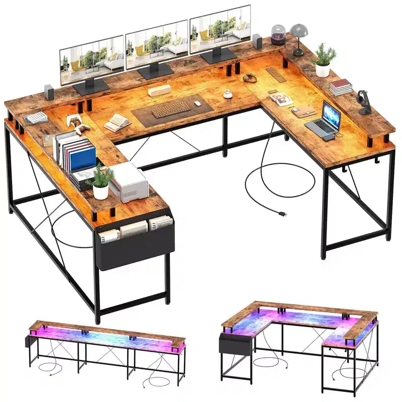 L Shaped Gaming Desk with Power Strip & LED Lights, Reversible U Shape Computer Desk with Monitor Stand, Large Corner Workstation