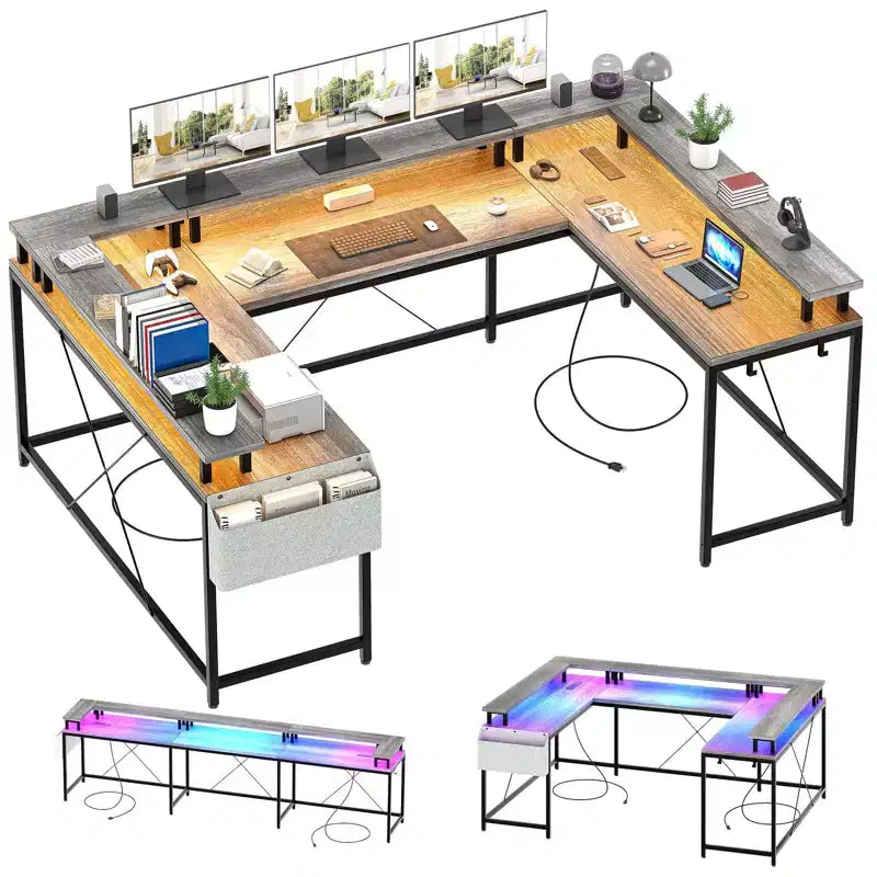 L Shaped Gaming Desk with Power Strip & LED Lights, Reversible U Shape Computer Desk with Monitor Stand, Large Corner Workstation