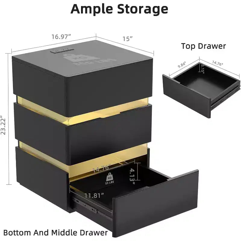LED Nightstand with Charging Station, 3 Drawer Nightstand Black
