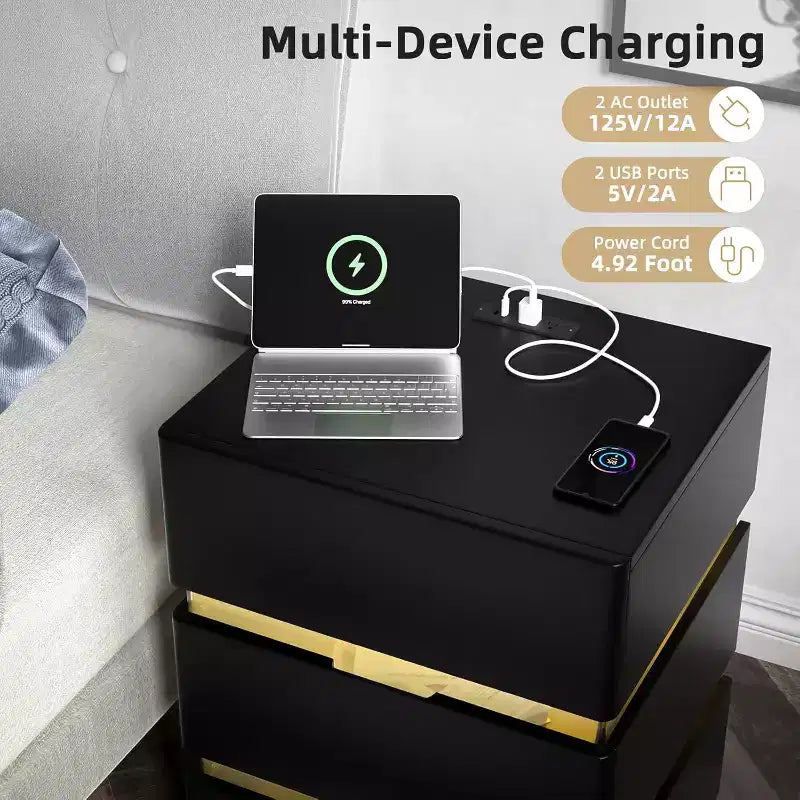 LED Nightstand with Charging Station, 3 Drawer Nightstand Black