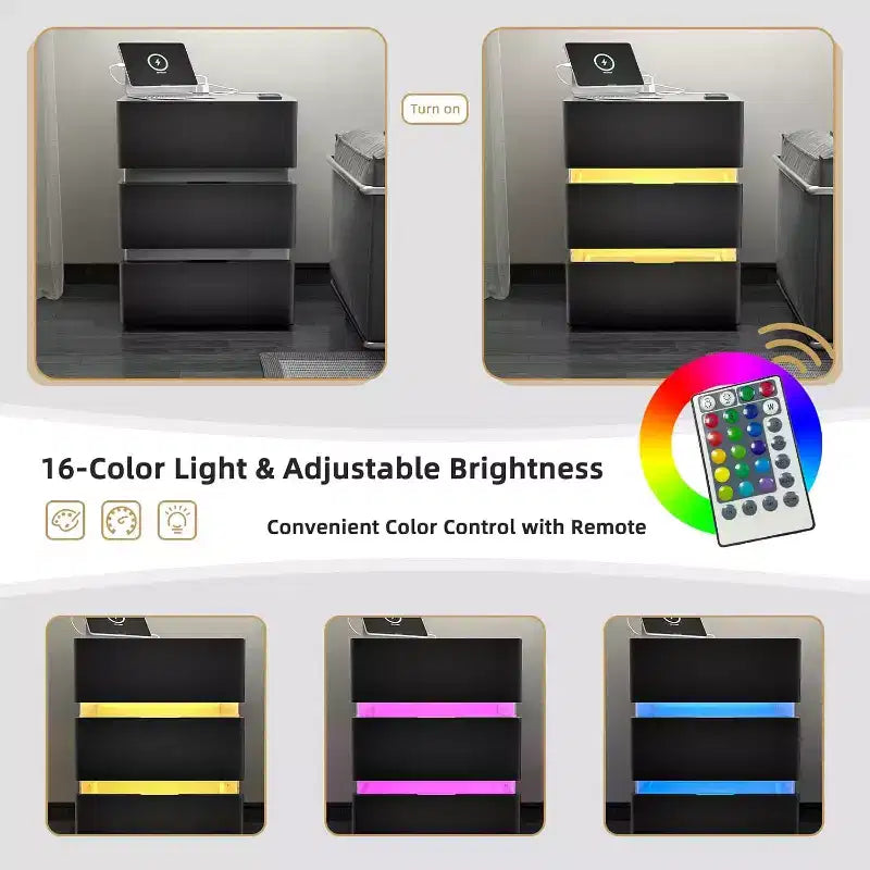 LED Nightstand with Charging Station, 3 Drawer Nightstand Black