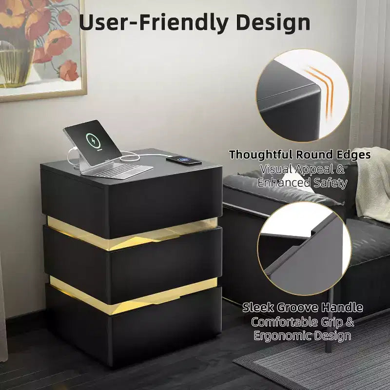 LED Nightstand with Charging Station, 3 Drawer Nightstand Black