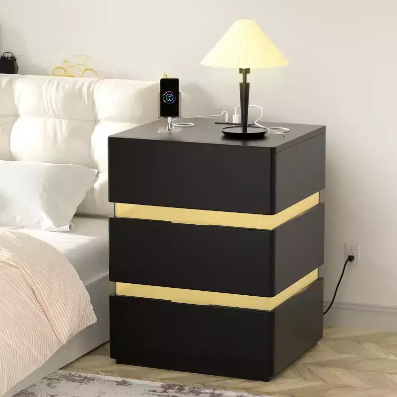 LED Nightstand with Charging Station, 3 Drawer Nightstand Black