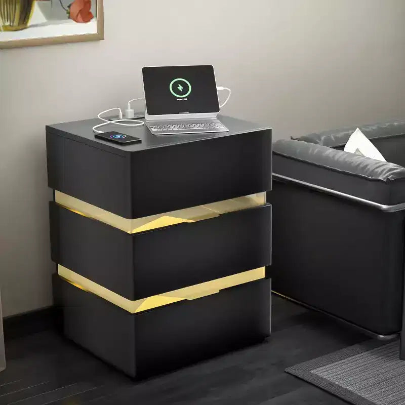 LED Nightstand with Charging Station, 3 Drawer Nightstand Black