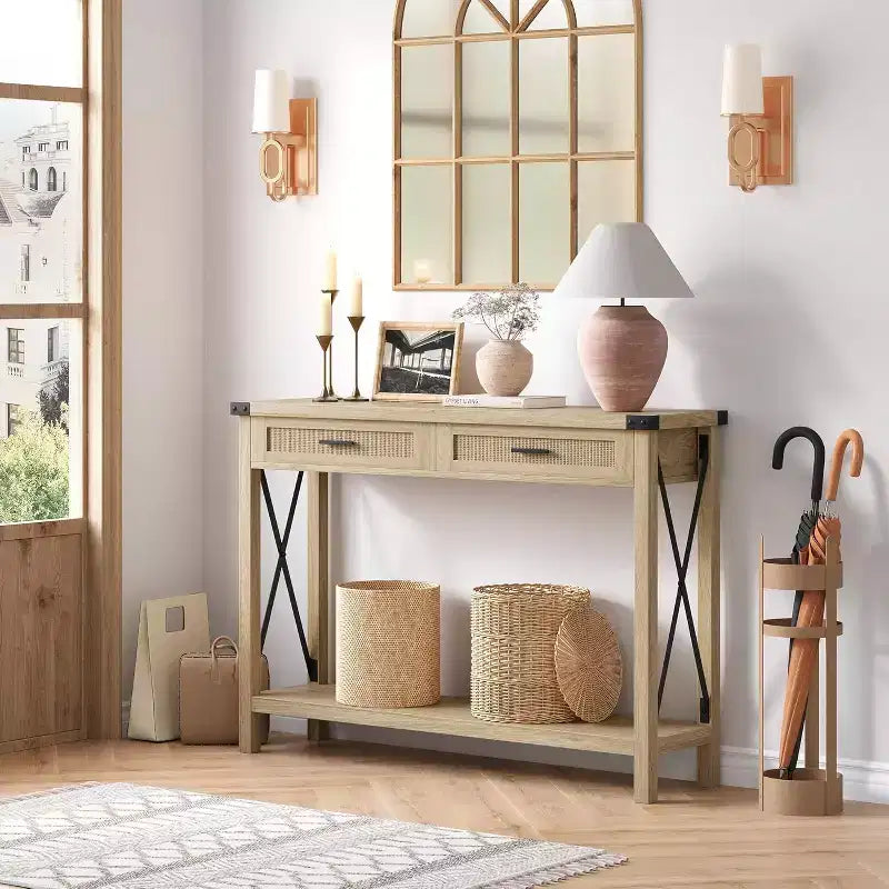 43'' Rattan Console Table, Entryway Table with 2 Storage Drawers and Sliding Door, Hallway Table, Console Sofa Table for Living Room