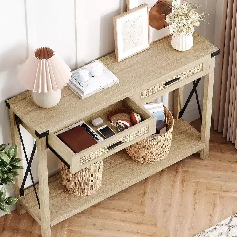 43'' Rattan Console Table, Entryway Table with 2 Storage Drawers and Sliding Door, Hallway Table, Console Sofa Table for Living Room