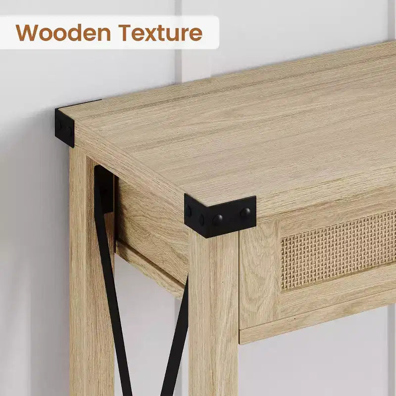 43'' Rattan Console Table, Entryway Table with 2 Storage Drawers and Sliding Door, Hallway Table, Console Sofa Table for Living Room
