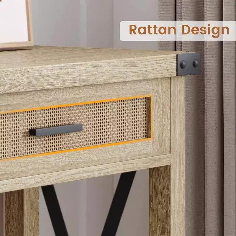 43'' Rattan Console Table, Entryway Table with 2 Storage Drawers and Sliding Door, Hallway Table, Console Sofa Table for Living Room