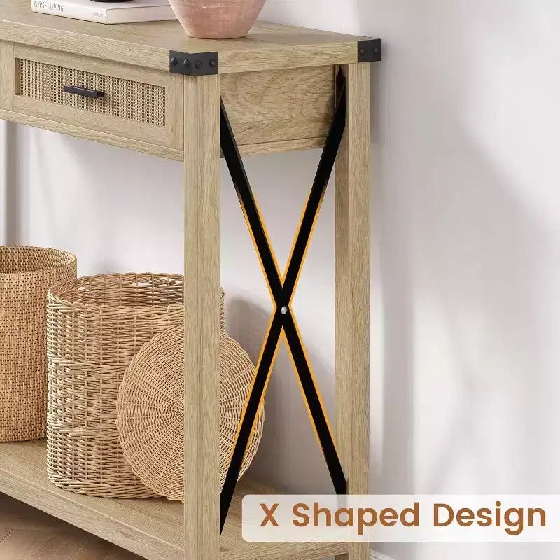 43'' Rattan Console Table, Entryway Table with 2 Storage Drawers and Sliding Door, Hallway Table, Console Sofa Table for Living Room