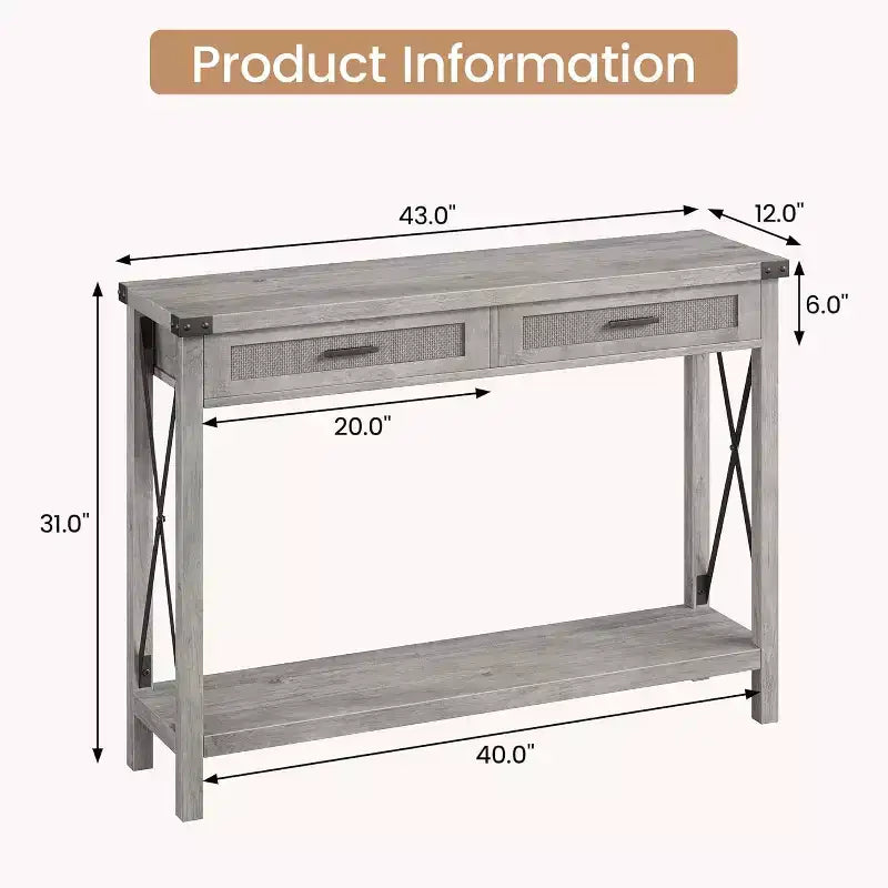 43'' Rattan Console Table, Entryway Table with 2 Storage Drawers and Sliding Door, Hallway Table, Console Sofa Table for Living Room