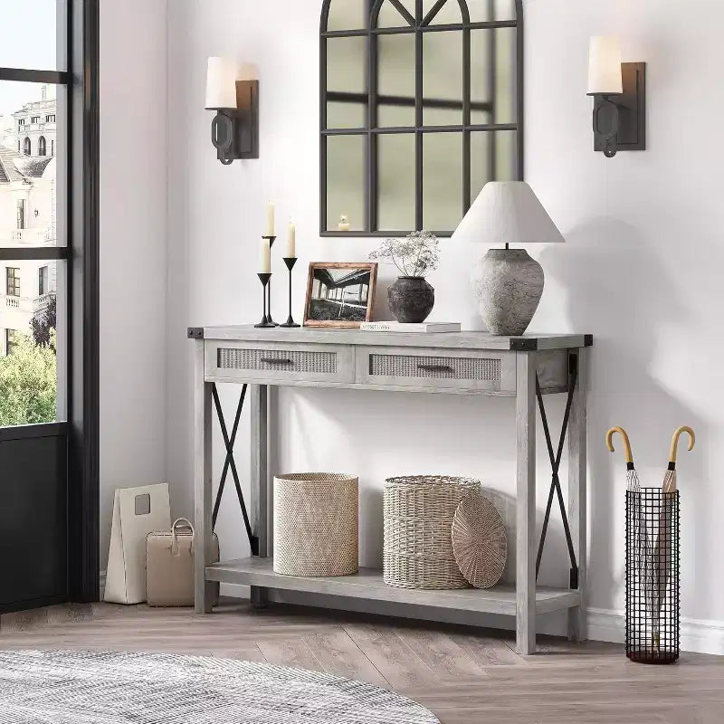 43'' Rattan Console Table, Entryway Table with 2 Storage Drawers and Sliding Door, Hallway Table, Console Sofa Table for Living Room