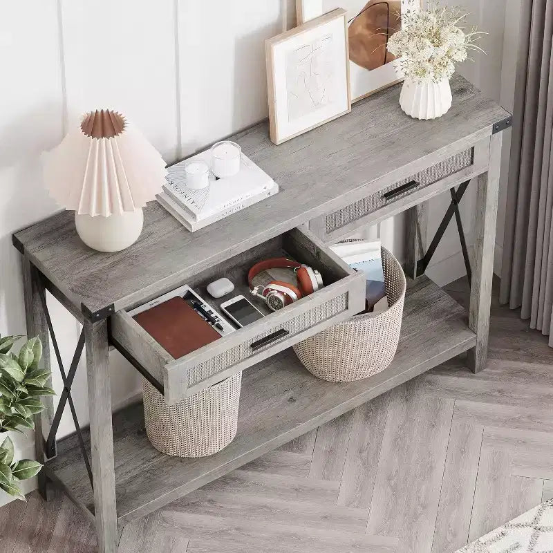43'' Rattan Console Table, Entryway Table with 2 Storage Drawers and Sliding Door, Hallway Table, Console Sofa Table for Living Room
