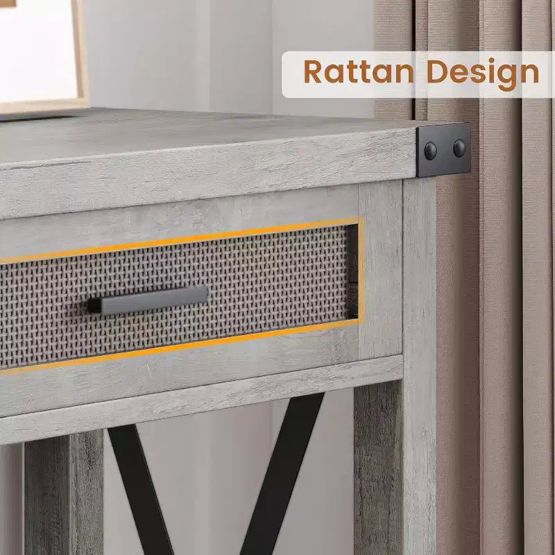 43'' Rattan Console Table, Entryway Table with 2 Storage Drawers and Sliding Door, Hallway Table, Console Sofa Table for Living Room