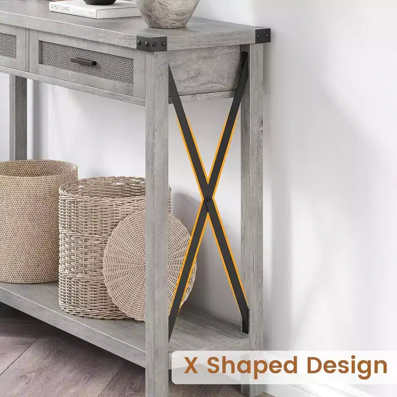 43'' Rattan Console Table, Entryway Table with 2 Storage Drawers and Sliding Door, Hallway Table, Console Sofa Table for Living Room
