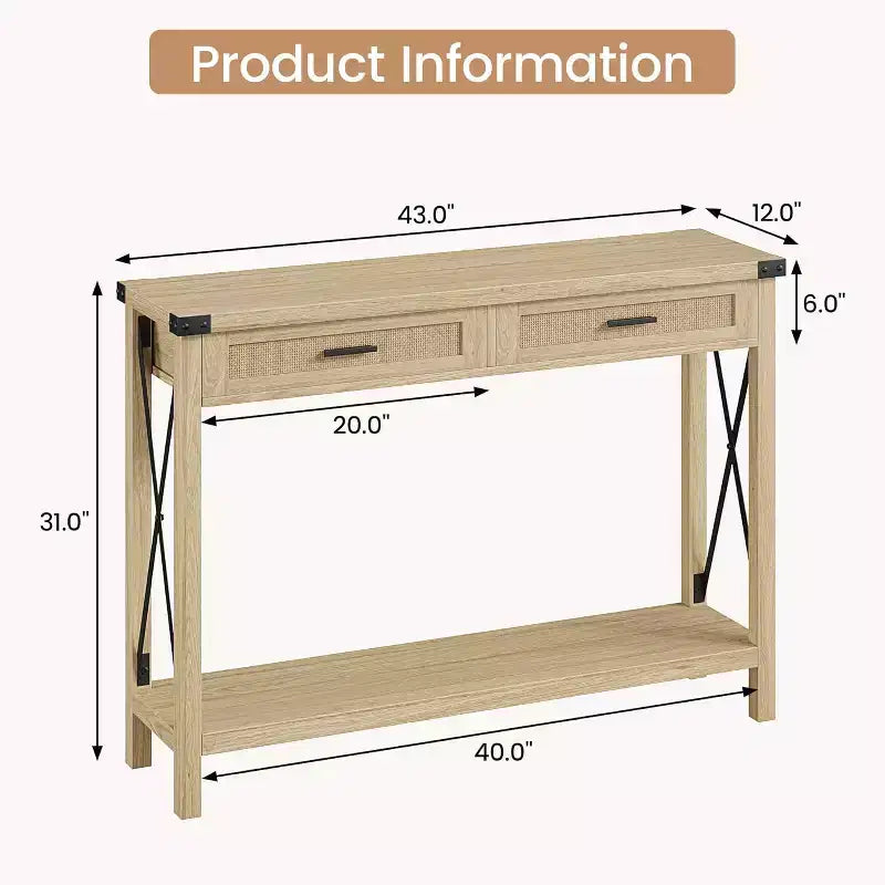 43'' Rattan Console Table, Entryway Table with 2 Storage Drawers and Sliding Door, Hallway Table, Console Sofa Table for Living Room