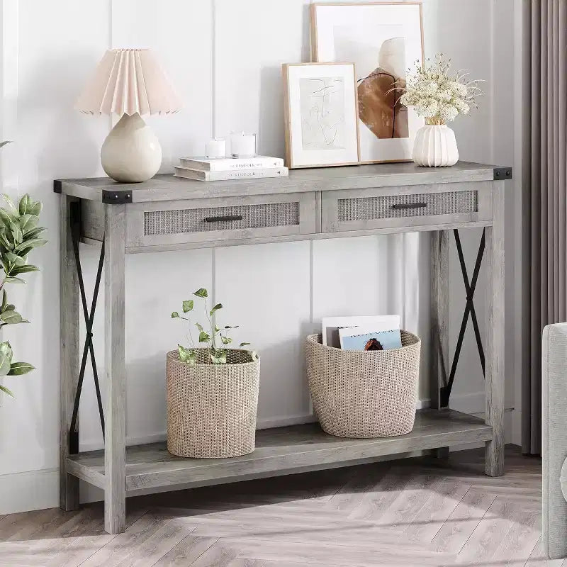 43'' Rattan Console Table, Entryway Table with 2 Storage Drawers and Sliding Door, Hallway Table, Console Sofa Table for Living Room