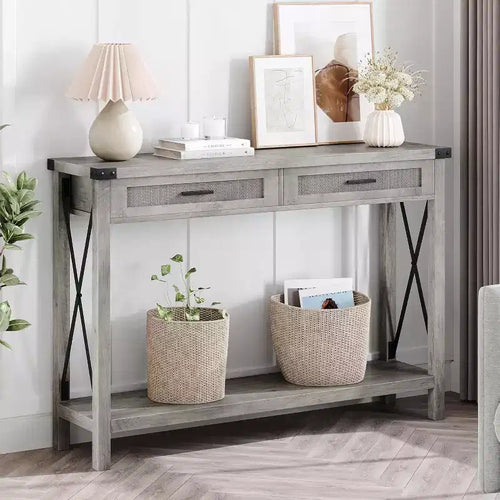 43'' Rattan Console Table, Entryway Table with 2 Storage Drawers and Sliding Door, Hallway Table, Console Sofa Table for Living Room