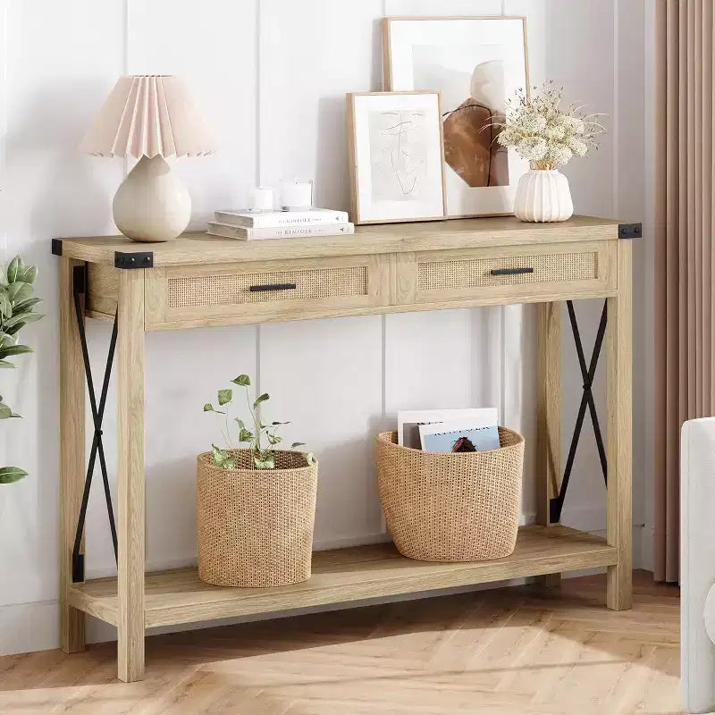 43'' Rattan Console Table, Entryway Table with 2 Storage Drawers and Sliding Door, Hallway Table, Console Sofa Table for Living Room