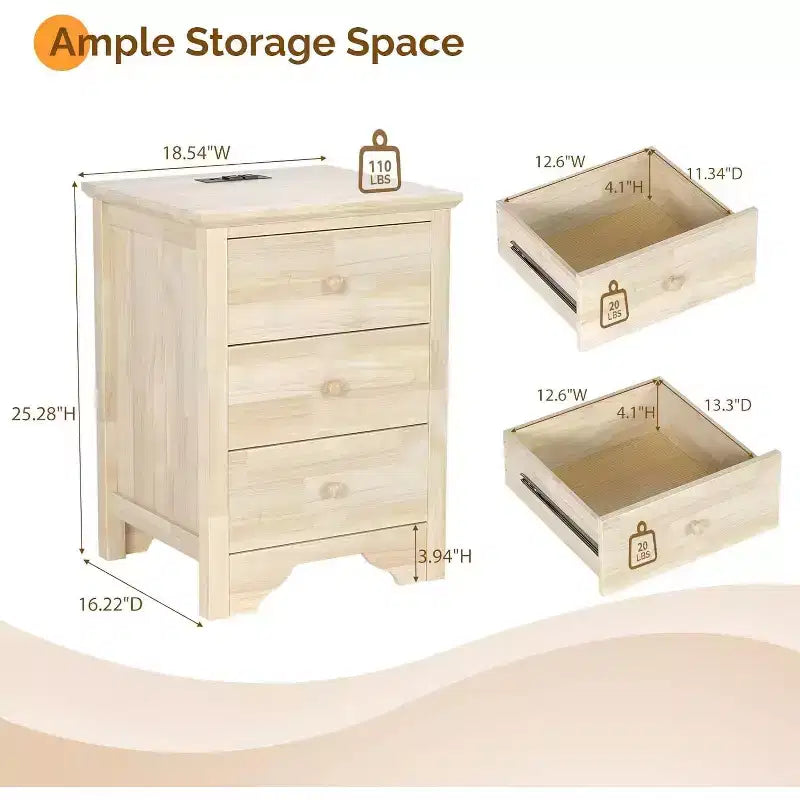Unfinished Solid Wood Nightstand for Color DIY, 18.54 W Nightstand with Charging Station