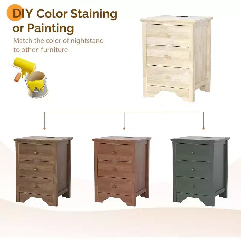 Unfinished Solid Wood Nightstand for Color DIY, 18.54 W Nightstand with Charging Station