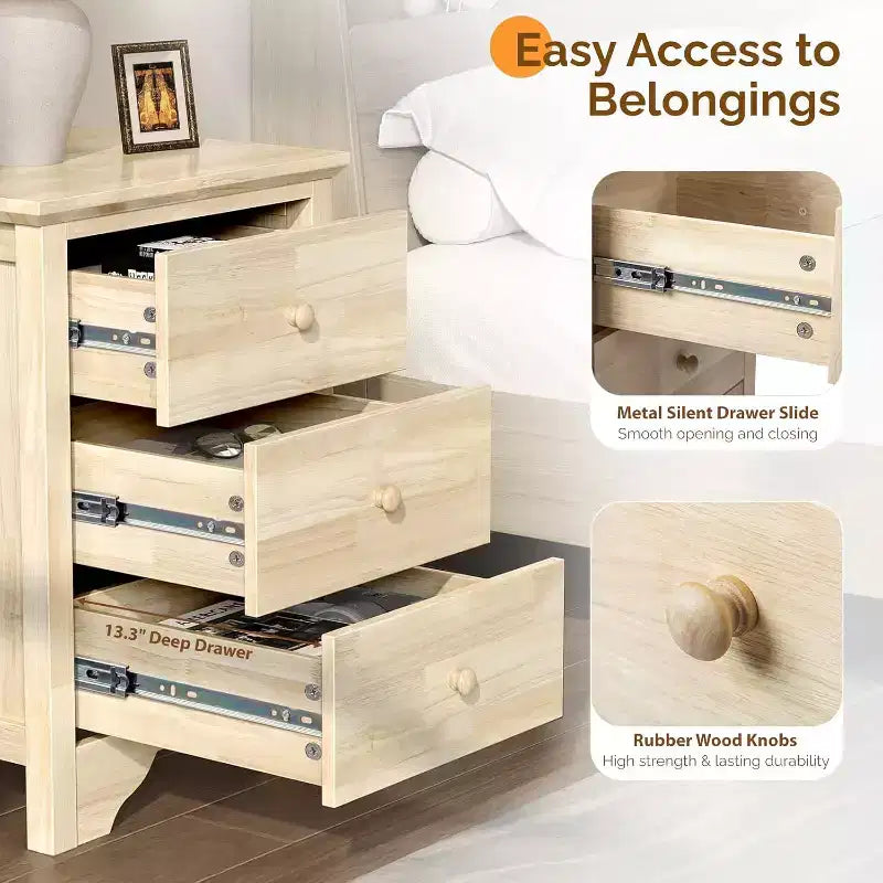 Unfinished Solid Wood Nightstand for Color DIY, 18.54 W Nightstand with Charging Station