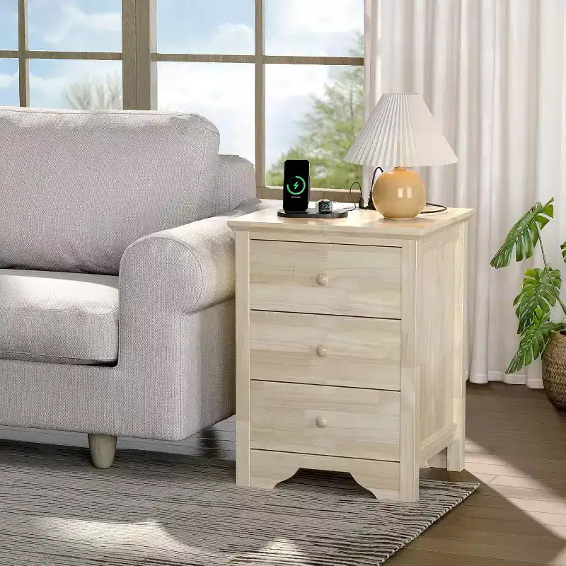 Unfinished Solid Wood Nightstand for Color DIY, 18.54 W Nightstand with Charging Station
