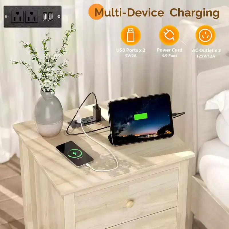 Unfinished Solid Wood Nightstand for Color DIY, 18.54 W Nightstand with Charging Station