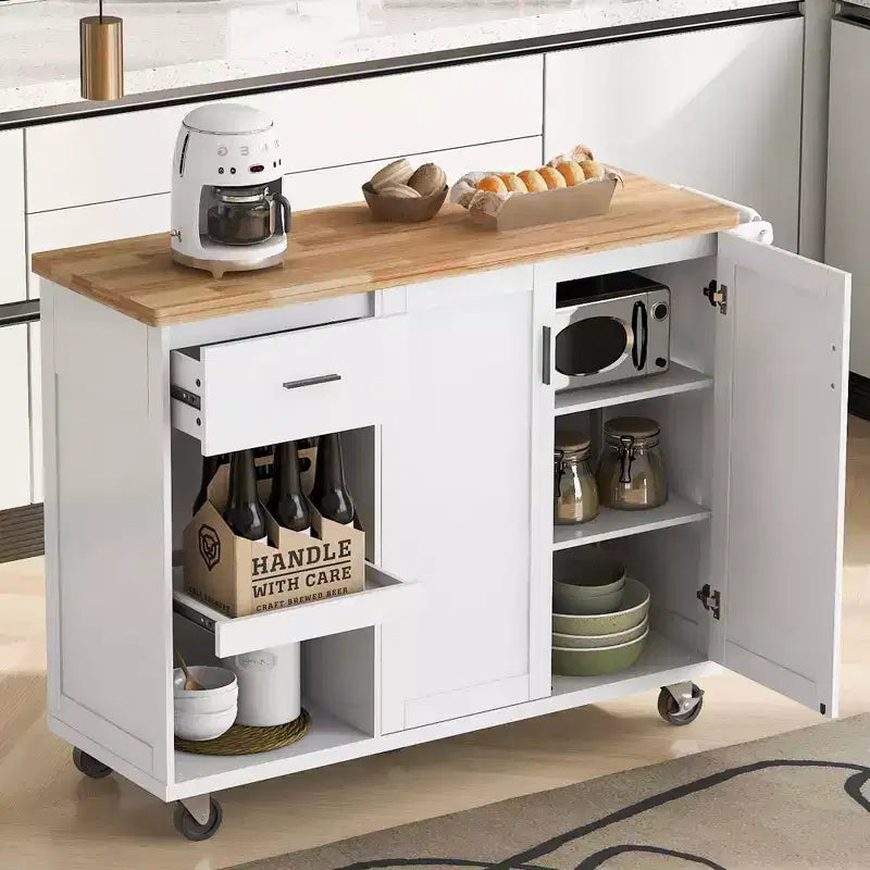Kitchen Island with Foldable Counter Top and Slide-Out Shelf, Kitchen Island On Wheels with Towel Rack and Drawer for Kitchen