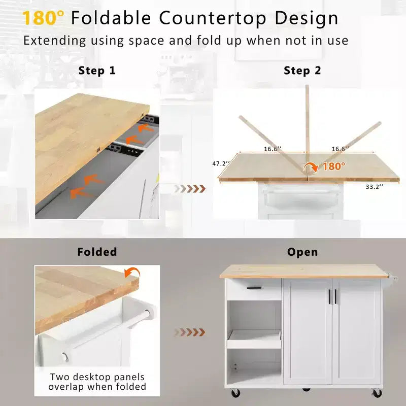 Kitchen Island with Foldable Counter Top and Slide-Out Shelf, Kitchen Island On Wheels with Towel Rack and Drawer for Kitchen