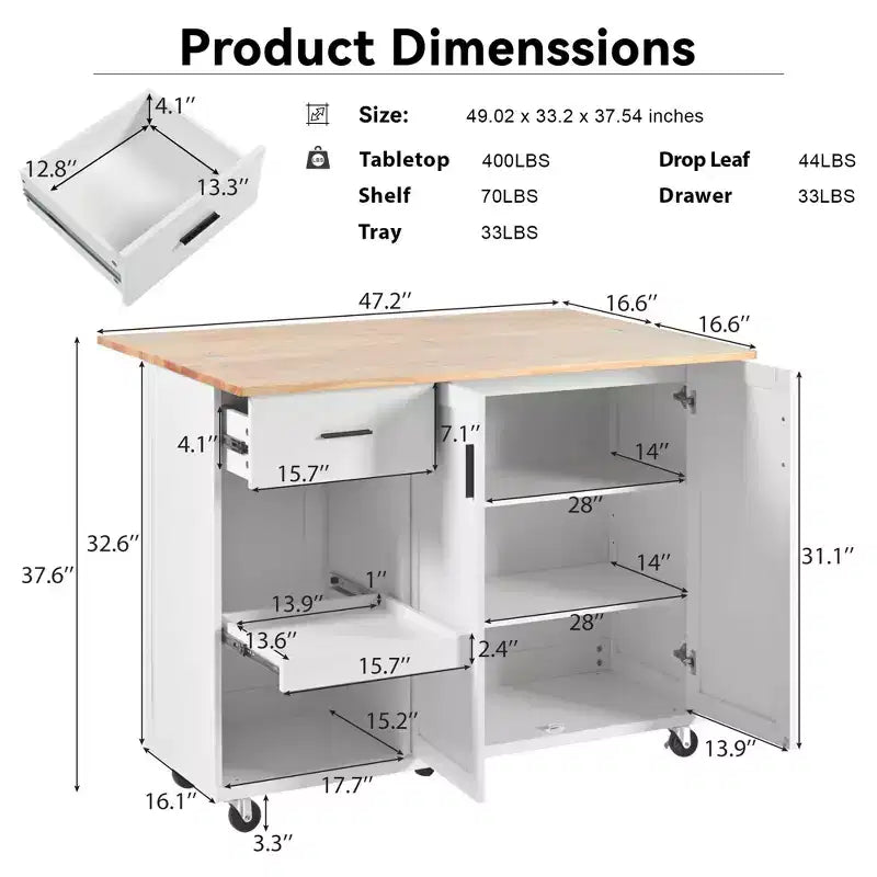 Kitchen Island with Foldable Counter Top and Slide-Out Shelf, Kitchen Island On Wheels with Towel Rack and Drawer for Kitchen