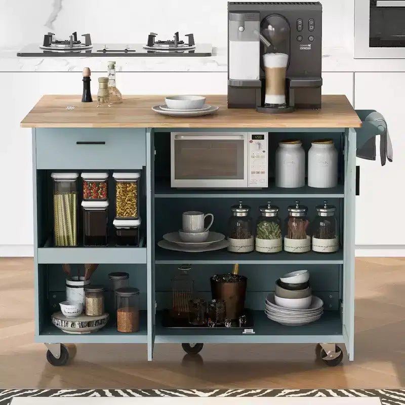 Kitchen Island with Foldable Counter Top and Slide-Out Shelf, Kitchen Island On Wheels with Towel Rack and Drawer for Kitchen